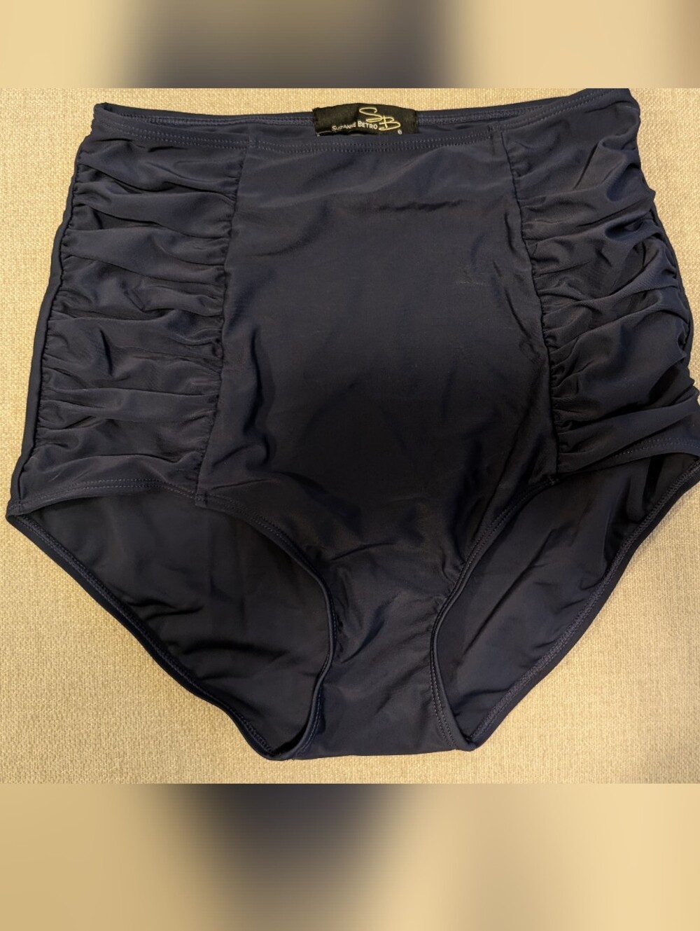 Suzanne Betro Navy High-Waist Ruched Bikini Bottom, Size M